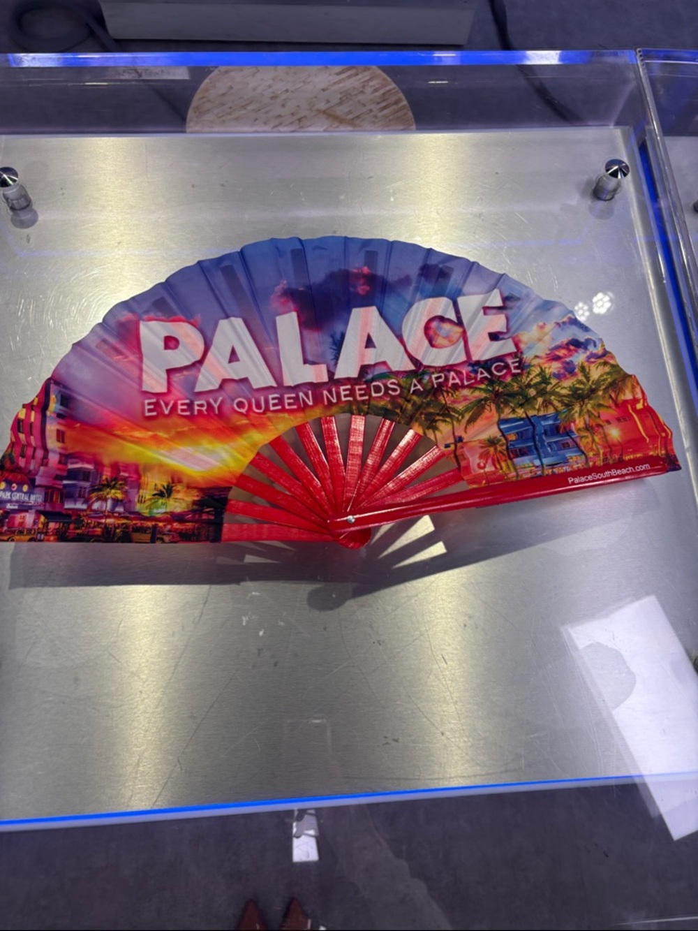 PALACE Sunset Gradient Logo Folding Fan in Red, Pink, Blue